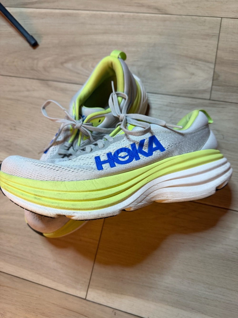 HOKA Bondi 8 Running Shoes Women’s 10.5 / Men’s 9 Gray Neon Yellow Blue